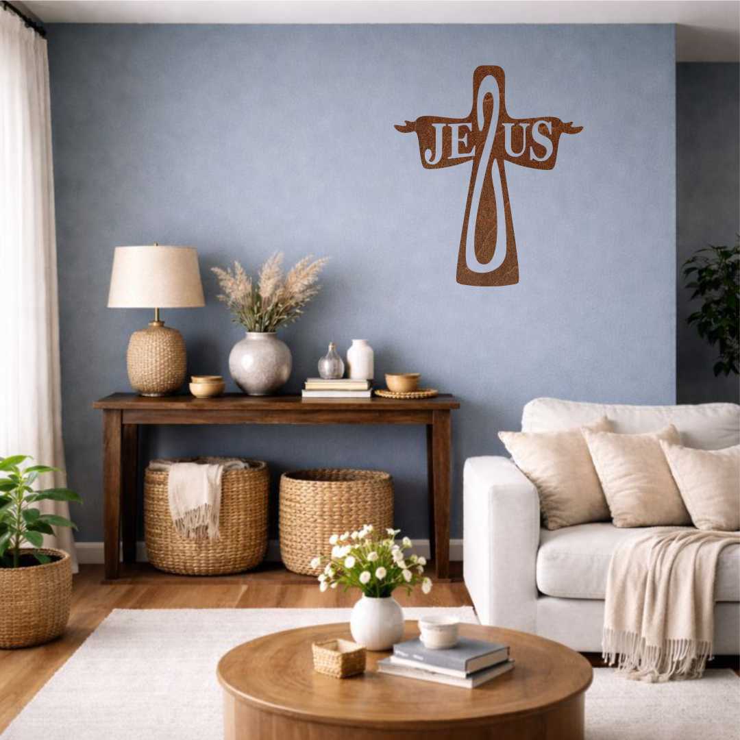 obraz krzyż z napisem Jezus brązowy drewniany